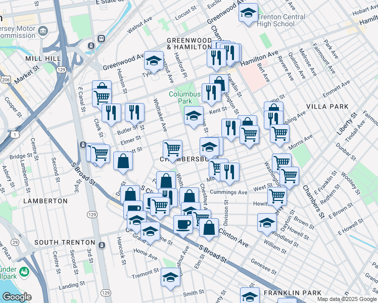 map of restaurants, bars, coffee shops, grocery stores, and more near 544 Chestnut Avenue in Trenton