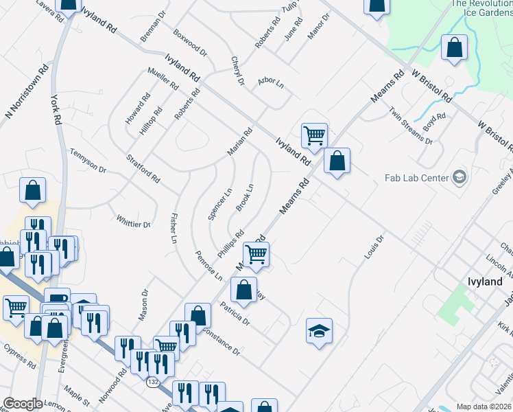 map of restaurants, bars, coffee shops, grocery stores, and more near 529 Brook Lane in Warminster