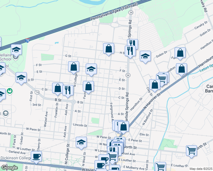 map of restaurants, bars, coffee shops, grocery stores, and more near 813 North Pitt Street in Carlisle