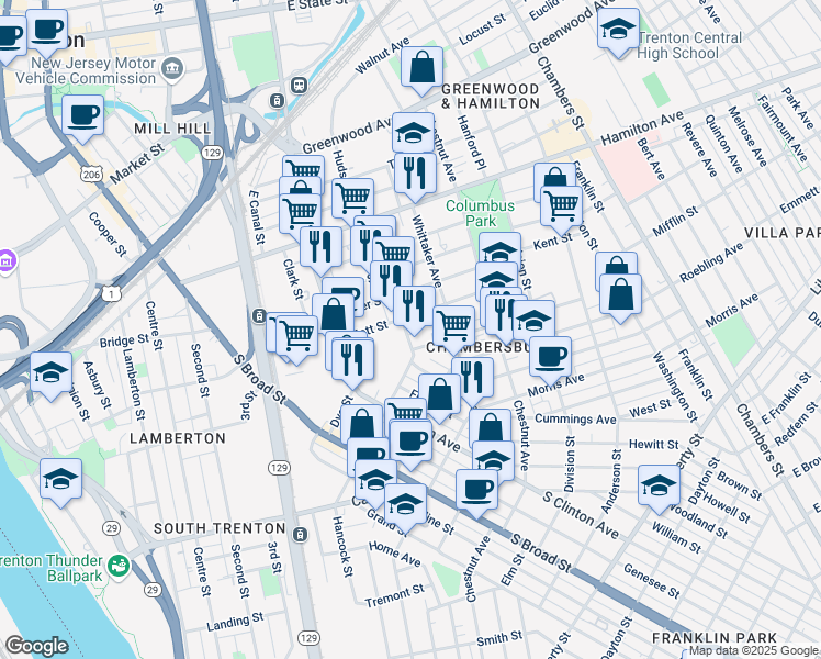 map of restaurants, bars, coffee shops, grocery stores, and more near 512 Hudson Street in Trenton