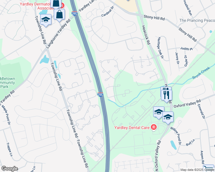 map of restaurants, bars, coffee shops, grocery stores, and more near 2101 Brookhaven Drive in Yardley