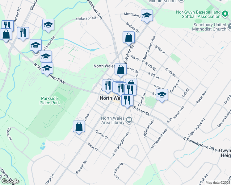 map of restaurants, bars, coffee shops, grocery stores, and more near 100 North 2nd Street in North Wales