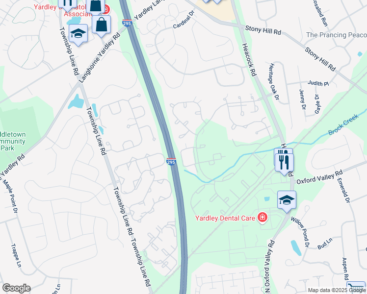 map of restaurants, bars, coffee shops, grocery stores, and more near 2101 Brookhaven Drive in Yardley