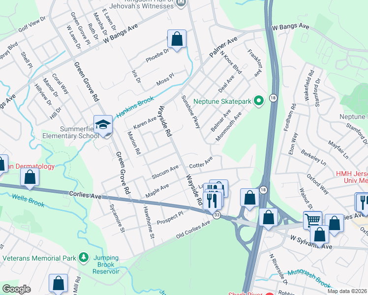 map of restaurants, bars, coffee shops, grocery stores, and more near 524 Wayside Road in Neptune City