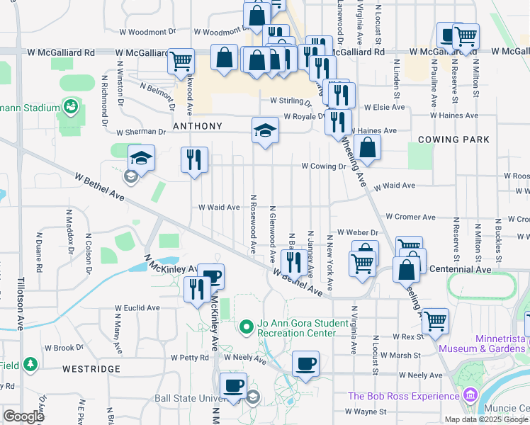 map of restaurants, bars, coffee shops, grocery stores, and more near 2100 North Rosewood Avenue in Muncie