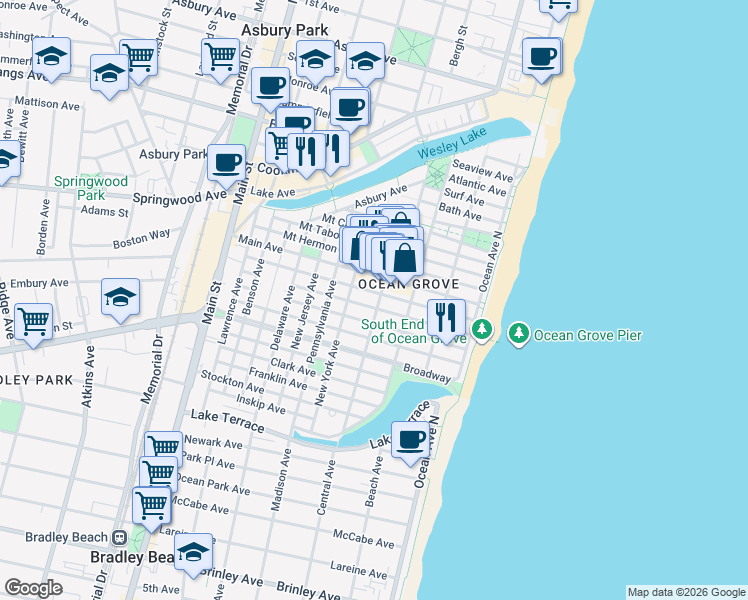 map of restaurants, bars, coffee shops, grocery stores, and more near 73 Heck Avenue in Neptune Township