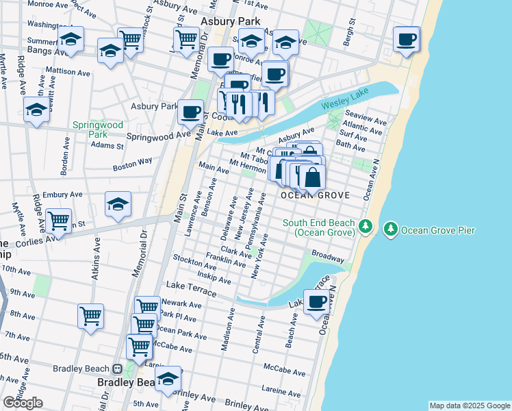 map of restaurants, bars, coffee shops, grocery stores, and more near 94 Heck Avenue in Neptune Township