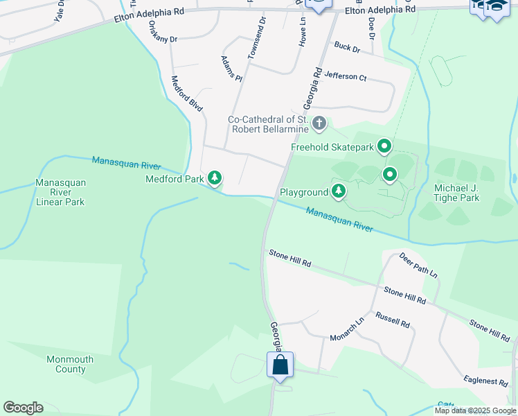 map of restaurants, bars, coffee shops, grocery stores, and more near 84 Georgia Road in Freehold