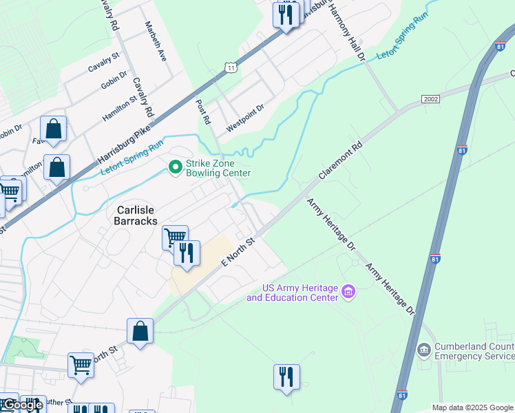 map of restaurants, bars, coffee shops, grocery stores, and more near 38 Parker Spring Avenue in Carlisle
