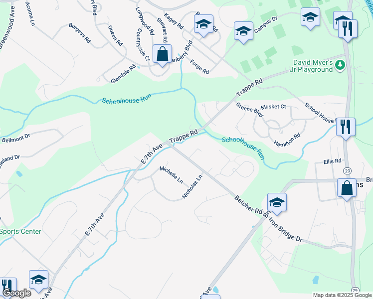 map of restaurants, bars, coffee shops, grocery stores, and more near 110 Betcher Road in Collegeville