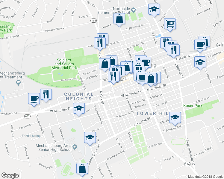 map of restaurants, bars, coffee shops, grocery stores, and more near 12 South High Street in Mechanicsburg