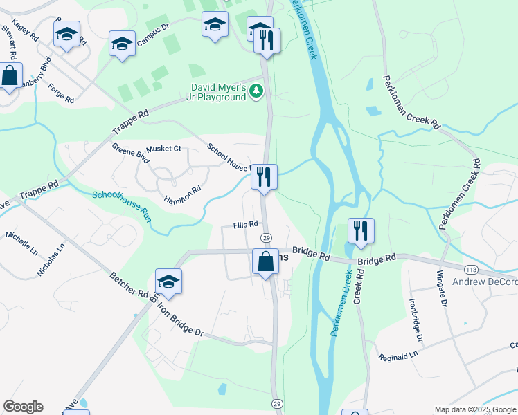 map of restaurants, bars, coffee shops, grocery stores, and more near 321 Gravel Pike in Collegeville