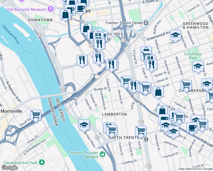 map of restaurants, bars, coffee shops, grocery stores, and more near 137 Centre Street in Trenton