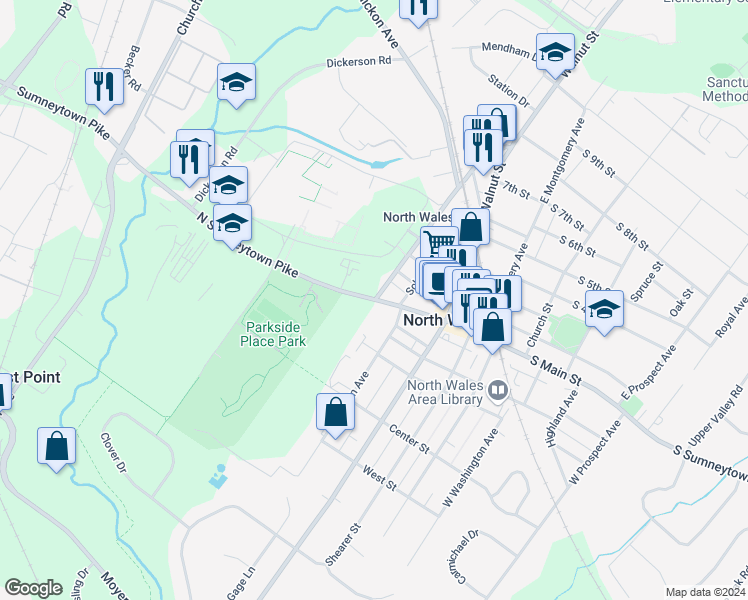 map of restaurants, bars, coffee shops, grocery stores, and more near 300 North Sumneytown Pike in North Wales
