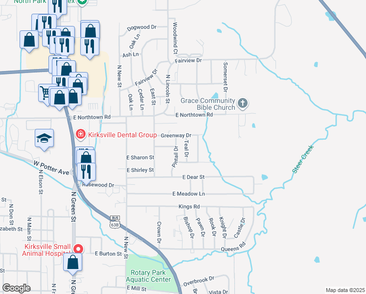 map of restaurants, bars, coffee shops, grocery stores, and more near 1901-1999 Pintail Drive in Kirksville