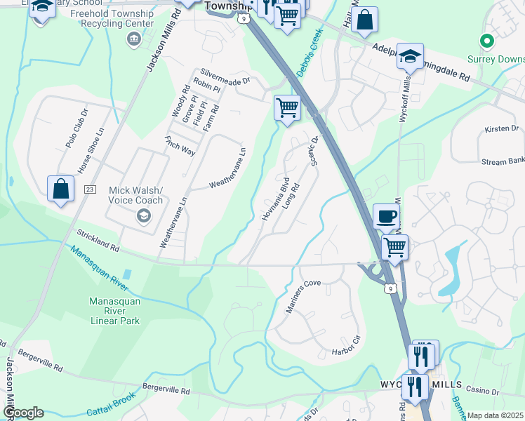 map of restaurants, bars, coffee shops, grocery stores, and more near 9-2 Seattle Court in Freehold