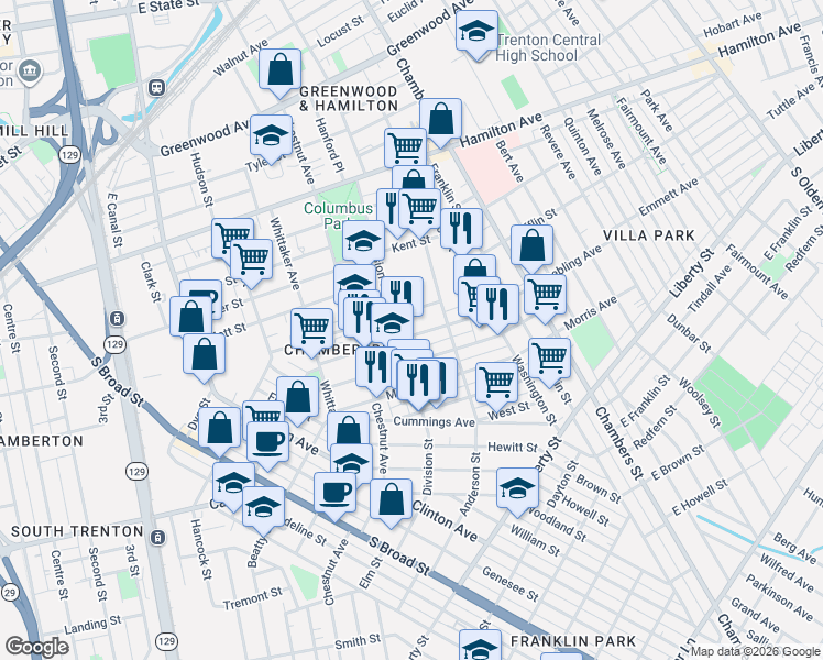 map of restaurants, bars, coffee shops, grocery stores, and more near 3 College Street in Trenton