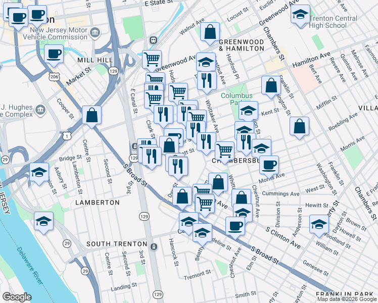 map of restaurants, bars, coffee shops, grocery stores, and more near 60 Mott Street in Trenton