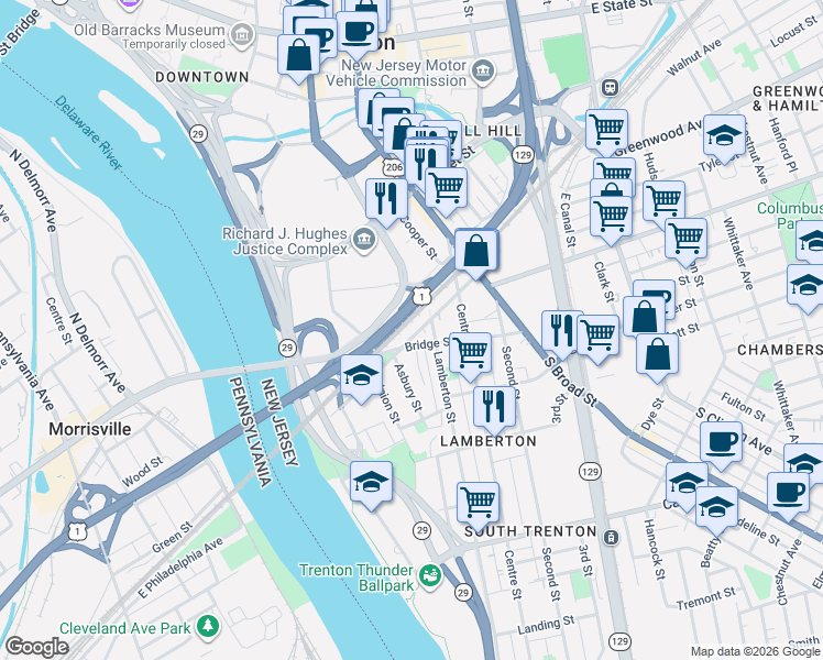 map of restaurants, bars, coffee shops, grocery stores, and more near 241 Lamberton Street in Trenton