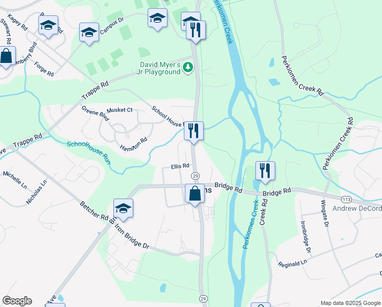 map of restaurants, bars, coffee shops, grocery stores, and more near 321 Gravel Pike in Collegeville