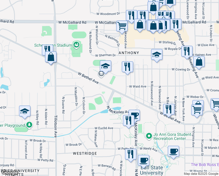 map of restaurants, bars, coffee shops, grocery stores, and more near 2200-2344 W Bethel Ave in Muncie