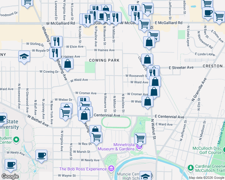 map of restaurants, bars, coffee shops, grocery stores, and more near 2100 North Milton Street in Muncie