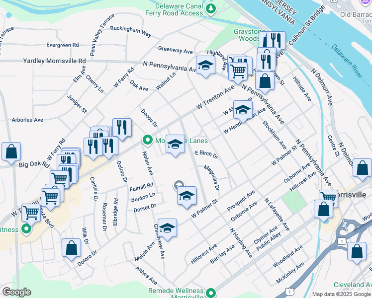 map of restaurants, bars, coffee shops, grocery stores, and more near 515 Hamilton Boulevard in Morrisville