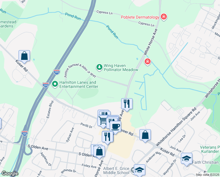 map of restaurants, bars, coffee shops, grocery stores, and more near 1 Justice Samuel Alito Junior Way in Trenton