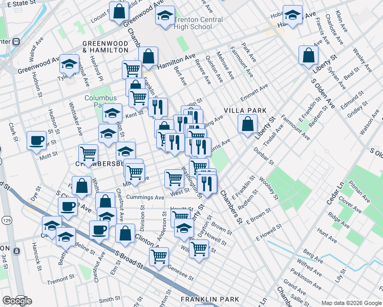 map of restaurants, bars, coffee shops, grocery stores, and more near 840 Chambers Street in Trenton