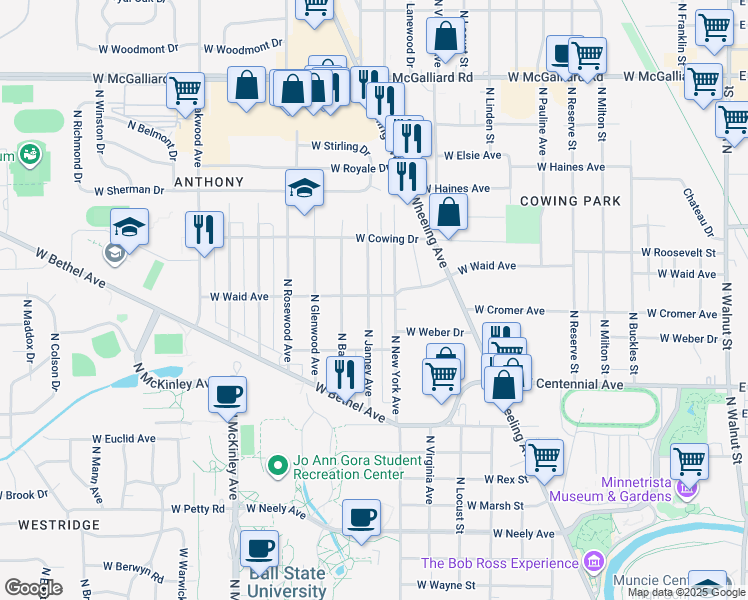 map of restaurants, bars, coffee shops, grocery stores, and more near 2020 North Janney Avenue in Muncie
