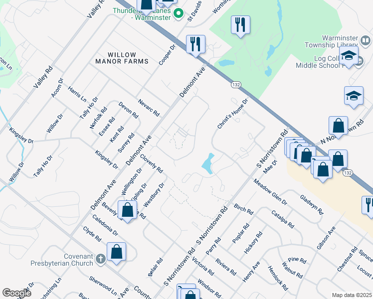 map of restaurants, bars, coffee shops, grocery stores, and more near 100 Villa Drive in Warminster