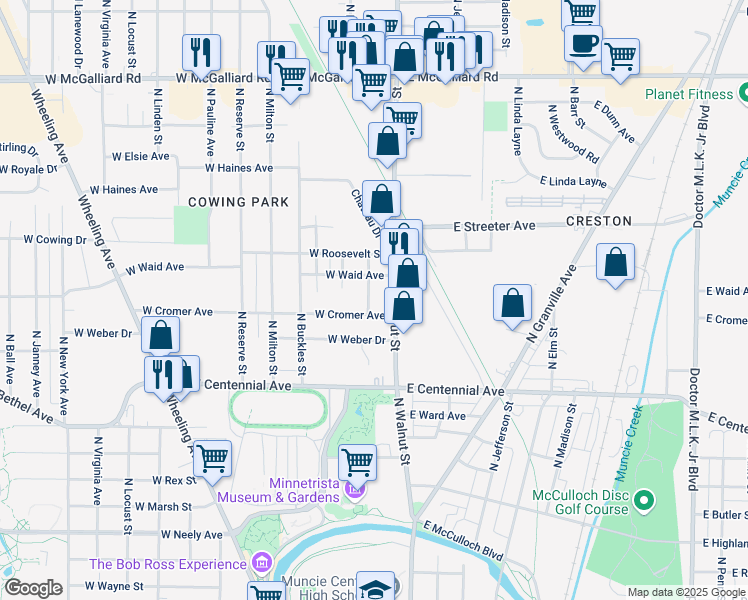 map of restaurants, bars, coffee shops, grocery stores, and more near 2101 N Walnut St in Muncie