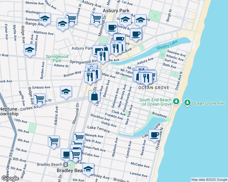 map of restaurants, bars, coffee shops, grocery stores, and more near 67 Delaware Avenue in Neptune Township
