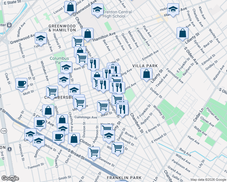 map of restaurants, bars, coffee shops, grocery stores, and more near 840 Chambers Street in Trenton