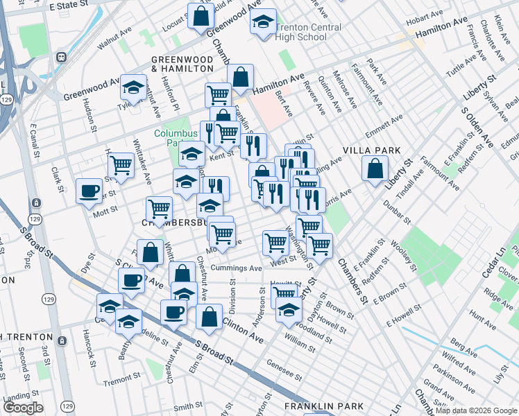 map of restaurants, bars, coffee shops, grocery stores, and more near 844 Roebling Avenue in Trenton