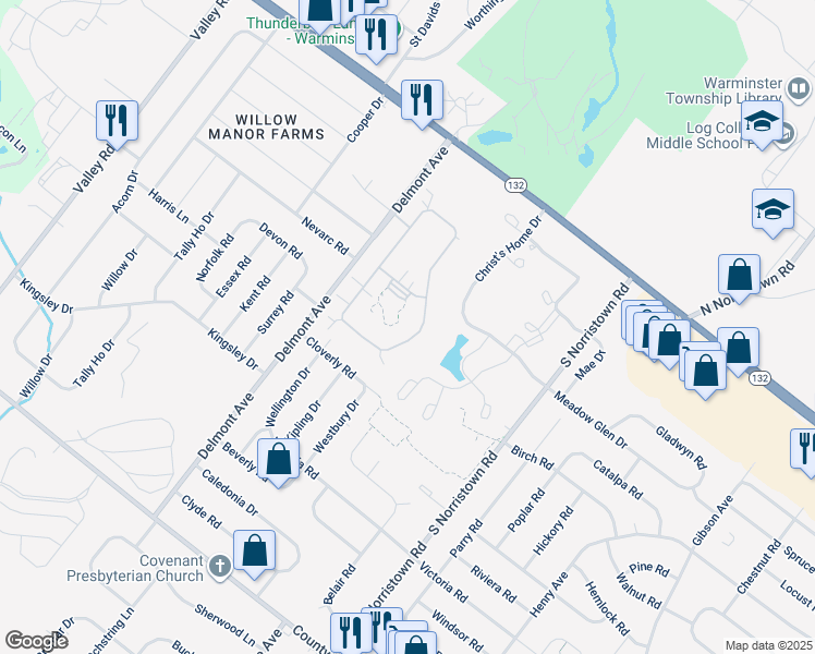 map of restaurants, bars, coffee shops, grocery stores, and more near 100 Villa Drive in Warminster