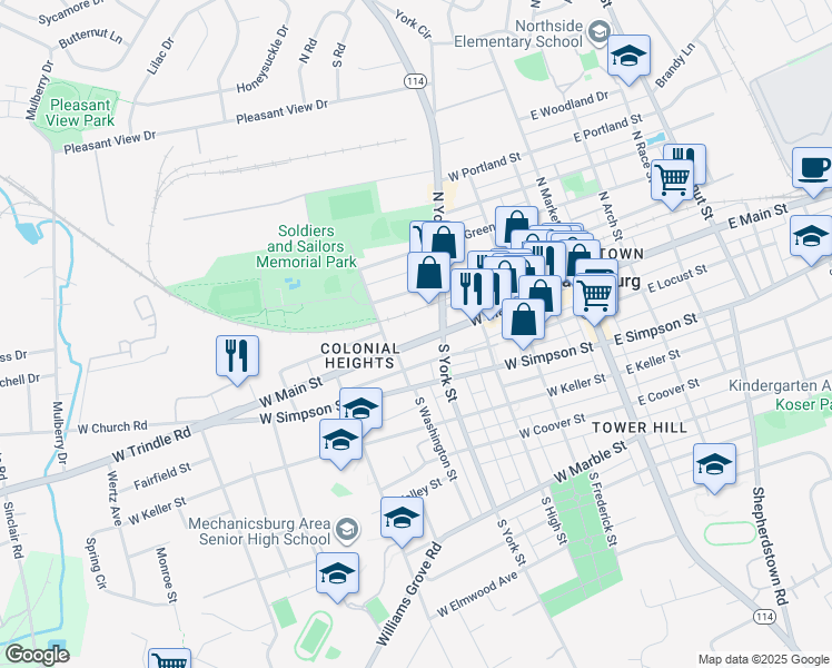 map of restaurants, bars, coffee shops, grocery stores, and more near 318 West Main Street in Mechanicsburg