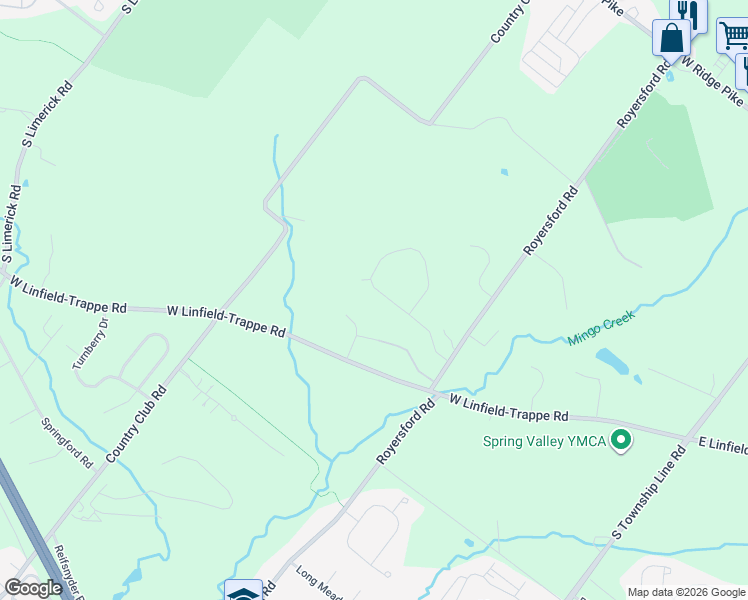 map of restaurants, bars, coffee shops, grocery stores, and more near 1015 Broadleaf Circle in Royersford