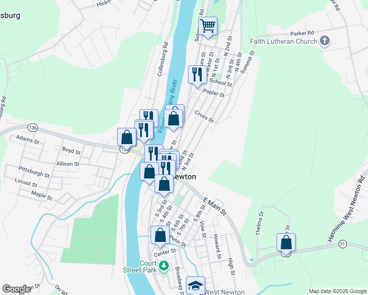 map of restaurants, bars, coffee shops, grocery stores, and more near 143 North 2nd Street in West Newton