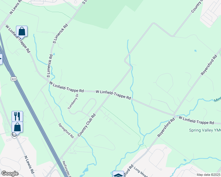 map of restaurants, bars, coffee shops, grocery stores, and more near 149 Country Club Road in Royersford