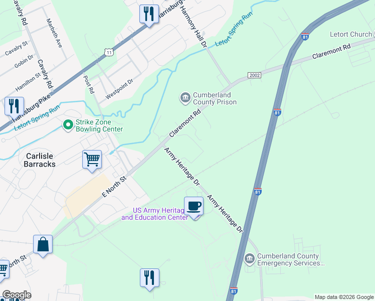 map of restaurants, bars, coffee shops, grocery stores, and more near 1000 Claremont Road in Carlisle