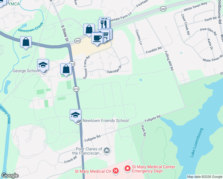 map of restaurants, bars, coffee shops, grocery stores, and more near 170-194 Oakridge Drive in Langhorne