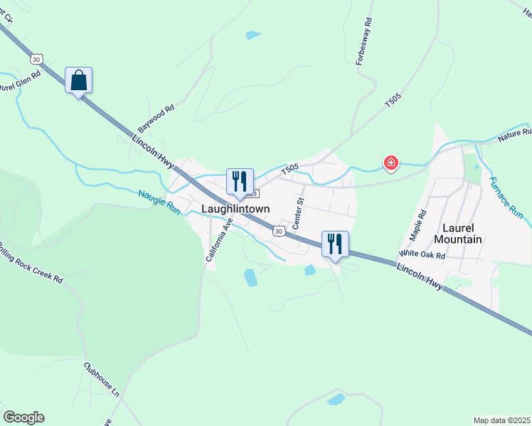 map of restaurants, bars, coffee shops, grocery stores, and more near 1363 U.S. 30 in Laughlintown