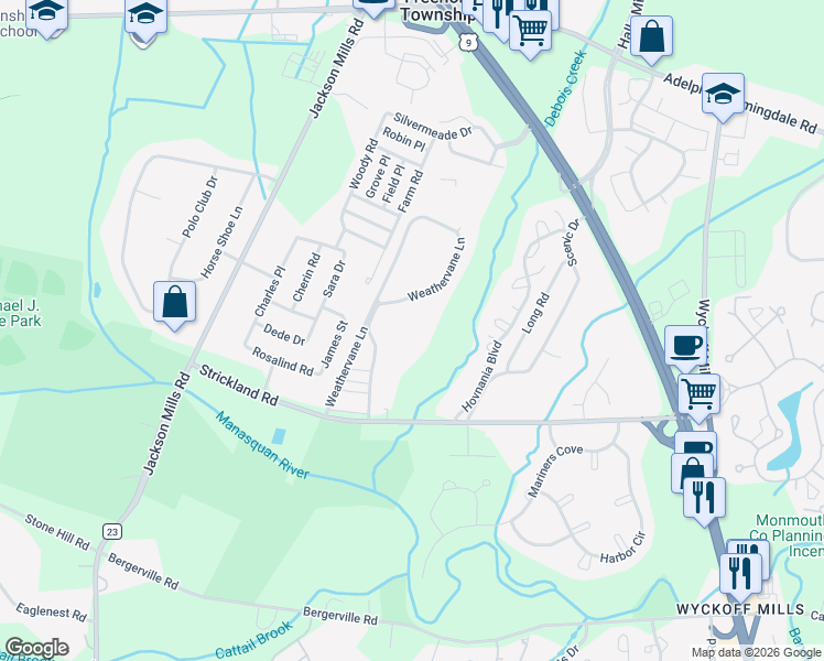 map of restaurants, bars, coffee shops, grocery stores, and more near 1508 Wagon Wheel Court in Freehold