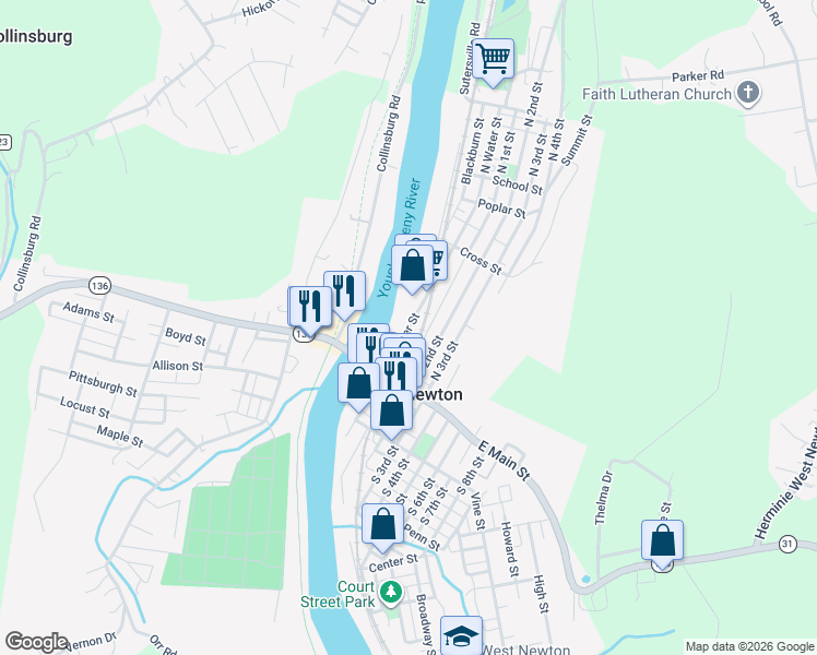 map of restaurants, bars, coffee shops, grocery stores, and more near 119 North Water Street in West Newton