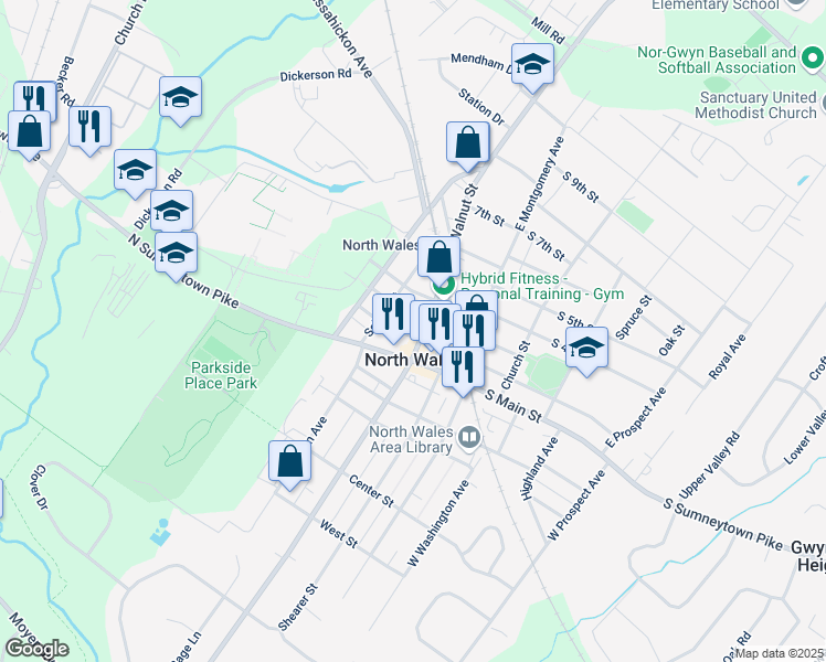 map of restaurants, bars, coffee shops, grocery stores, and more near 213 East Walnut Street in North Wales
