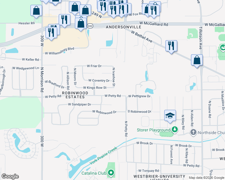 map of restaurants, bars, coffee shops, grocery stores, and more near 4009 W Kings Row St in Muncie