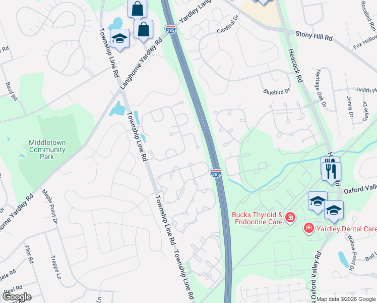 map of restaurants, bars, coffee shops, grocery stores, and more near 500 Palmer Farm Drive in Yardley