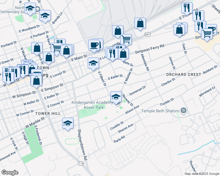 map of restaurants, bars, coffee shops, grocery stores, and more near 502 East Coover Street in Mechanicsburg