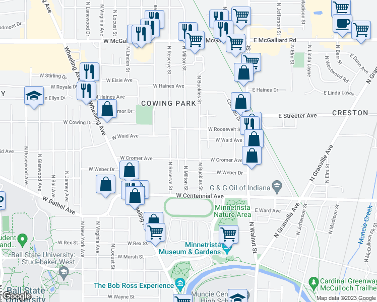 map of restaurants, bars, coffee shops, grocery stores, and more near 2012 North Milton Street in Muncie